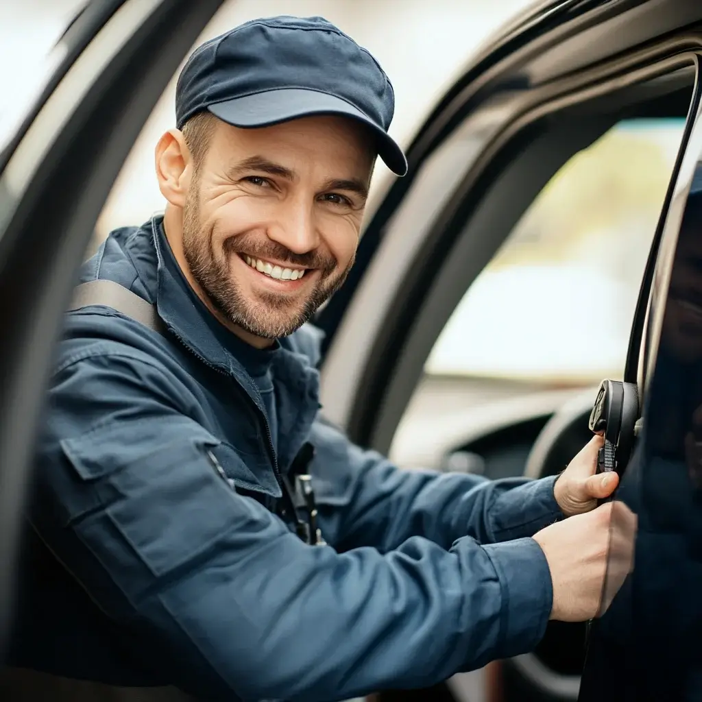 Ein lächelnder Schlosser von Schlüsseldienst Zürich öffnet das Autoschloss