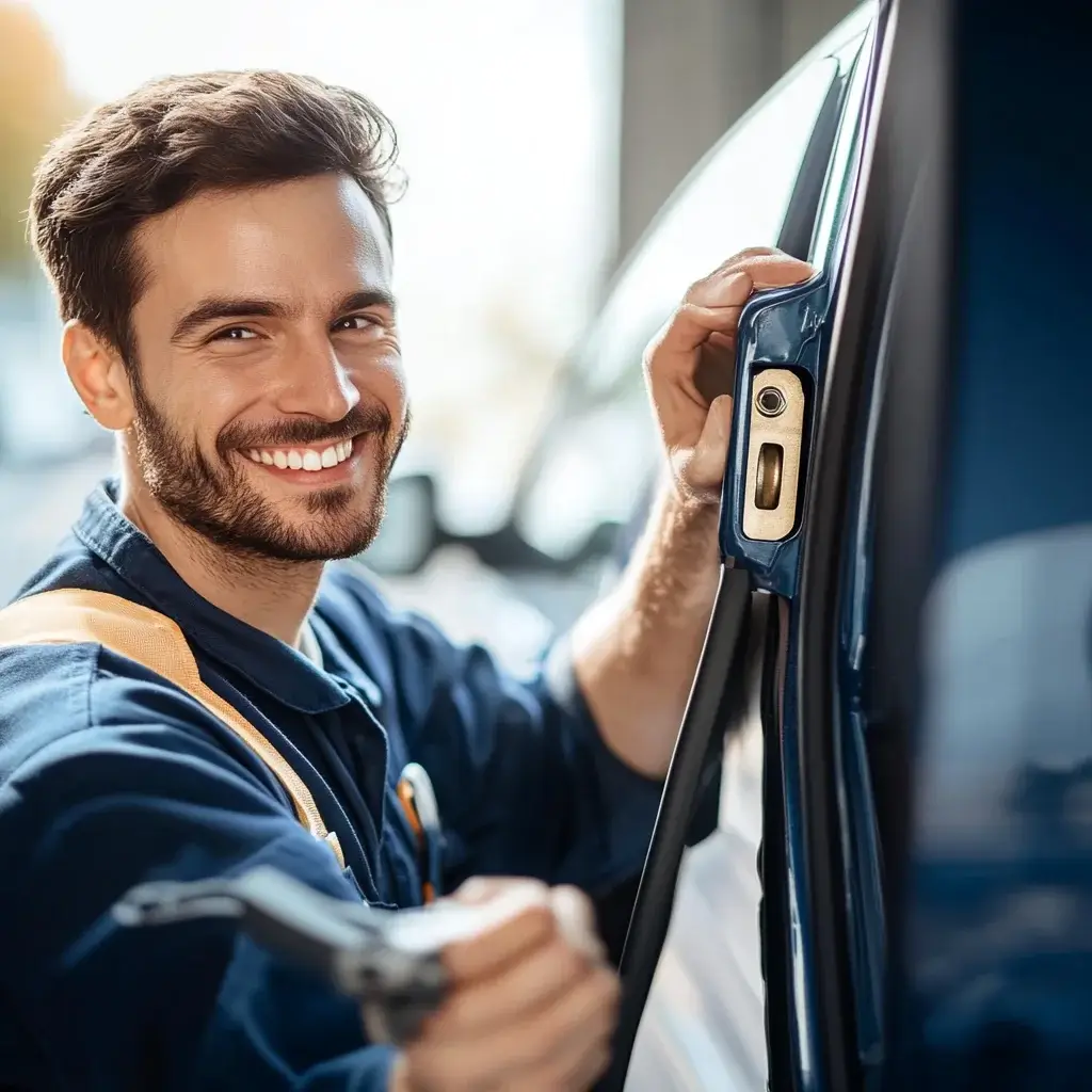 Ein lächelnder Schlosser von Schlüsseldienst Zürich öffnet das Autoschloss